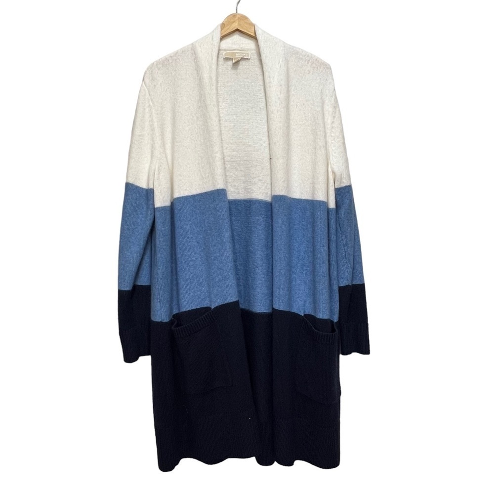 Michael Michael Kors Blue & White Duster Open Front Cardigan Sweater Size Large